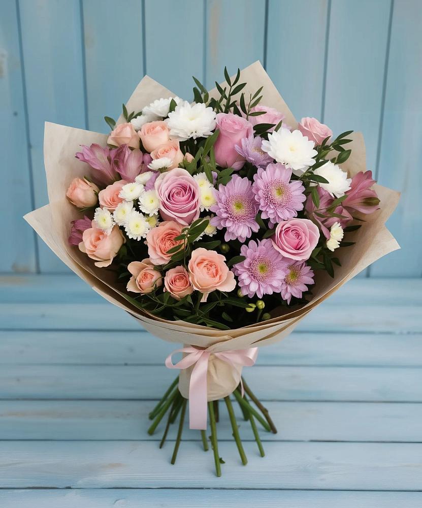 Букет цветов из: Хризантемы, Розы и Альстромерии в Баракаевской