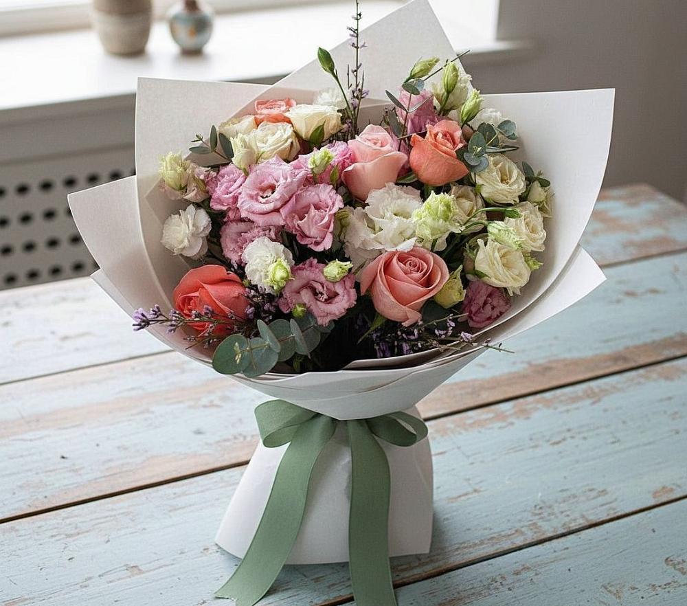 Букет цветов из: Розы, Лизиантусы и Гвоздики в Баракаевской