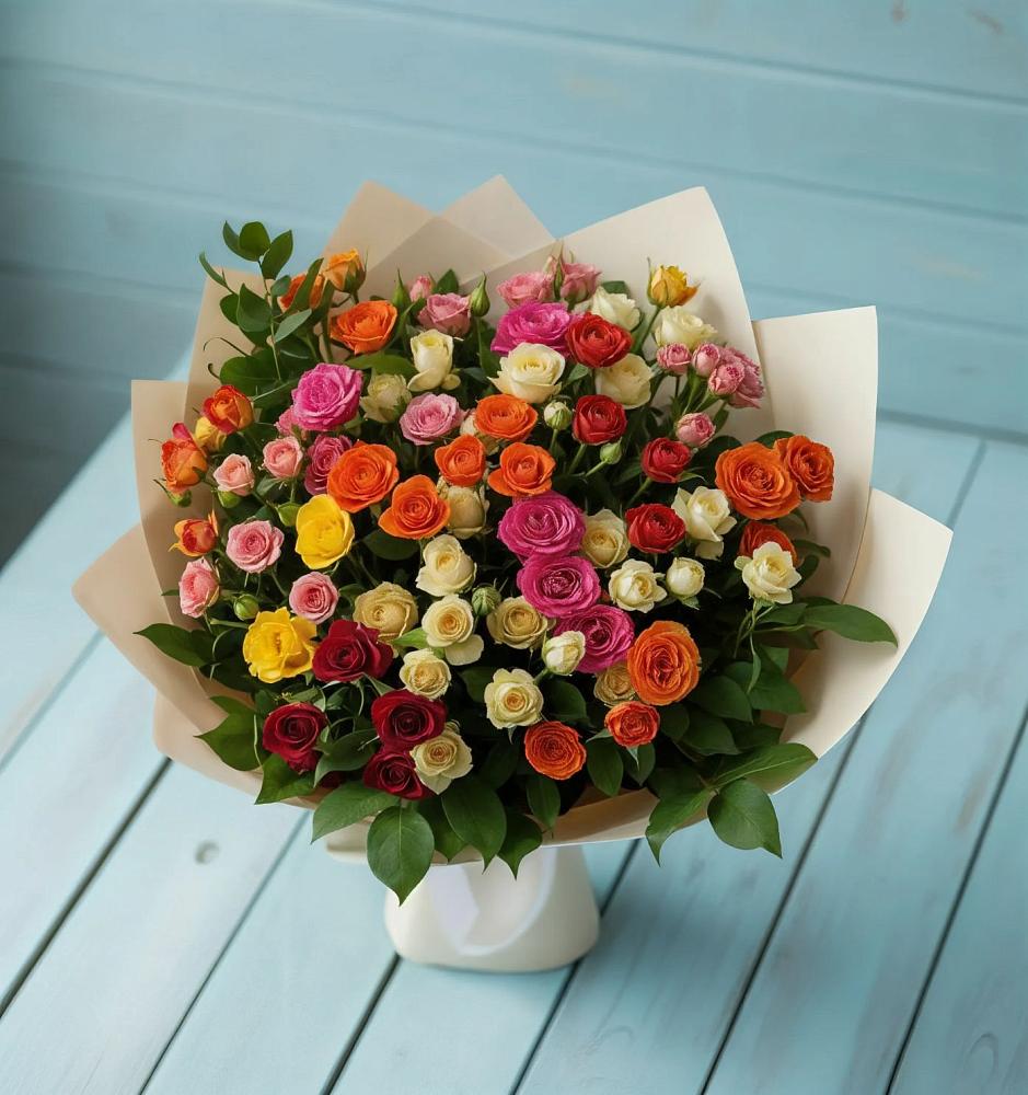 Букет Микс из разноцветных кустовых роз в Баракаевской