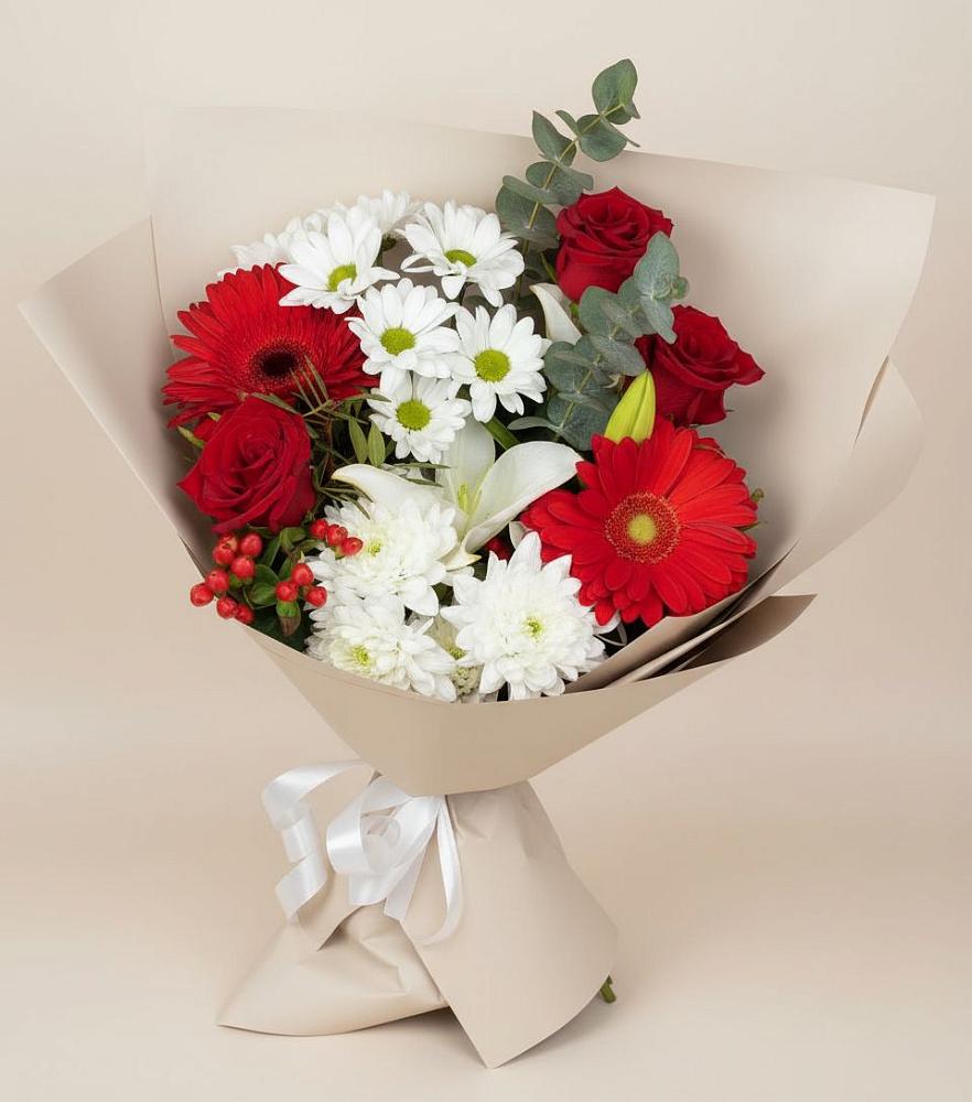 Букет цветов из: Розы, Хризантемы, Герберы и Лилии в Баракаевской